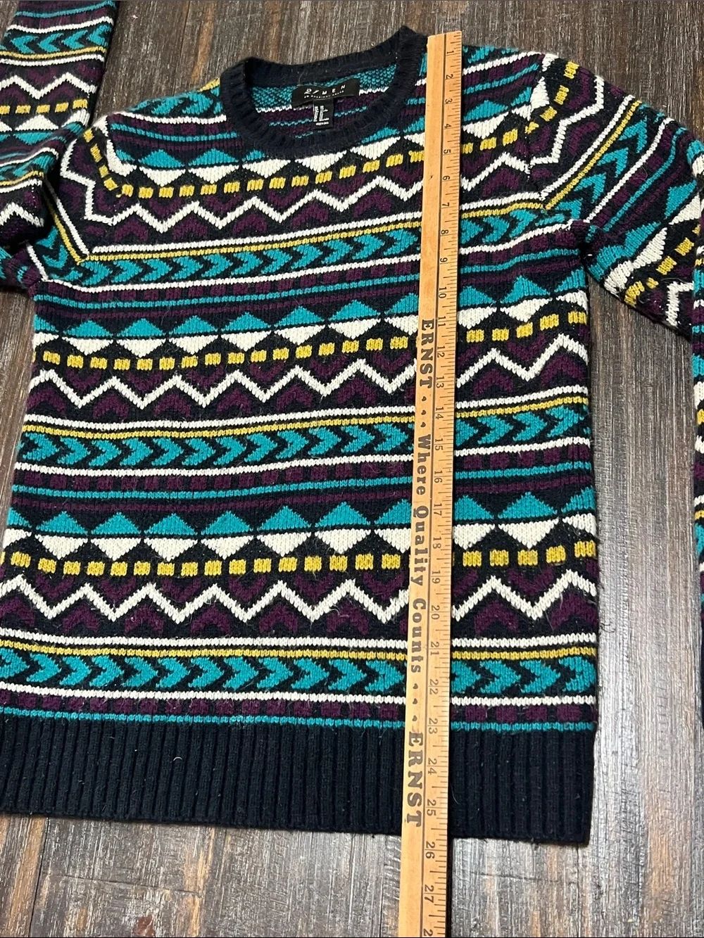Vintage 90’s Crewneck Fair Isle Sweater in Black with Teal & Yellow Accents